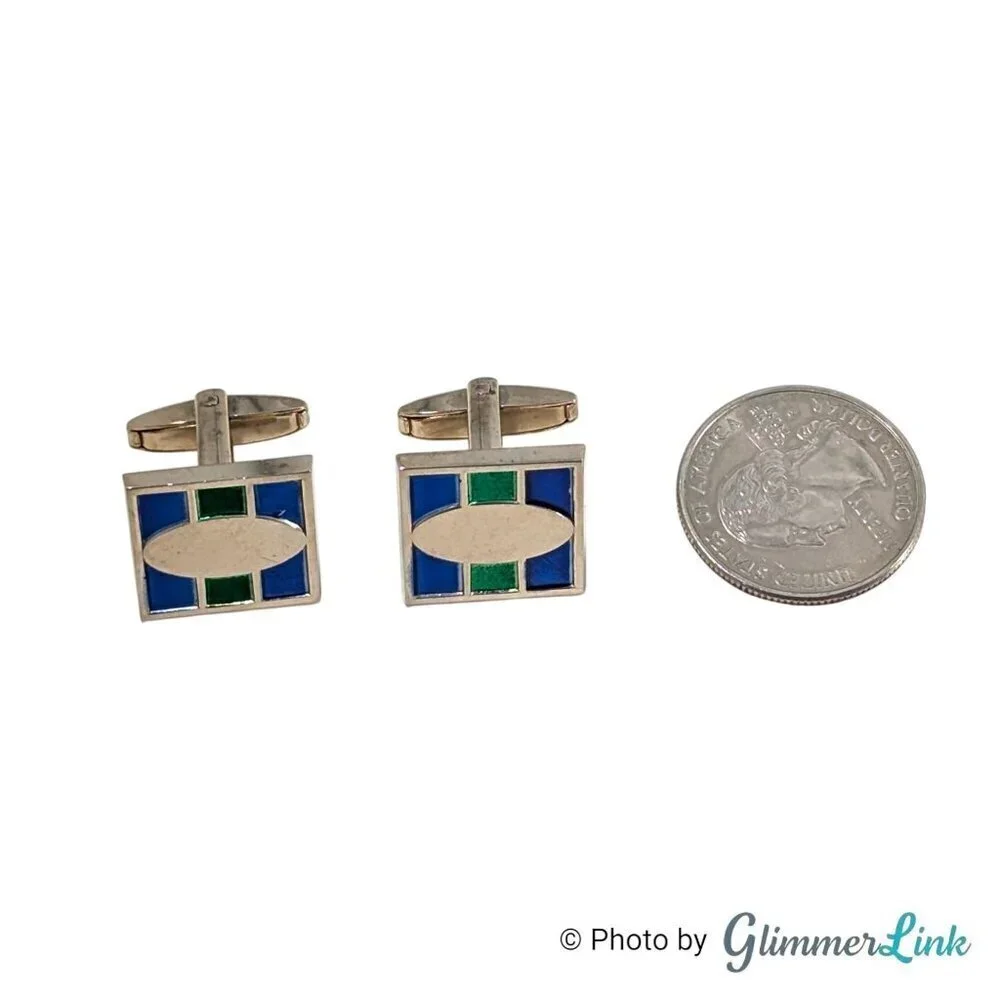 Vintage Foster Blue & Green Square Geometric Art Deco Style Gold Tone Cufflinks